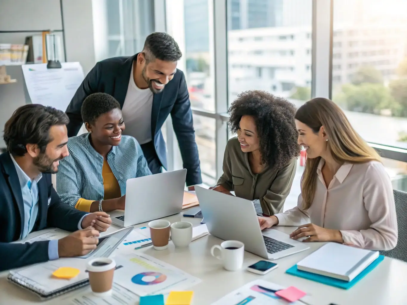 An image showing a diverse team of marketing professionals collaborating in a modern office setting, emphasizing teamwork and expertise.